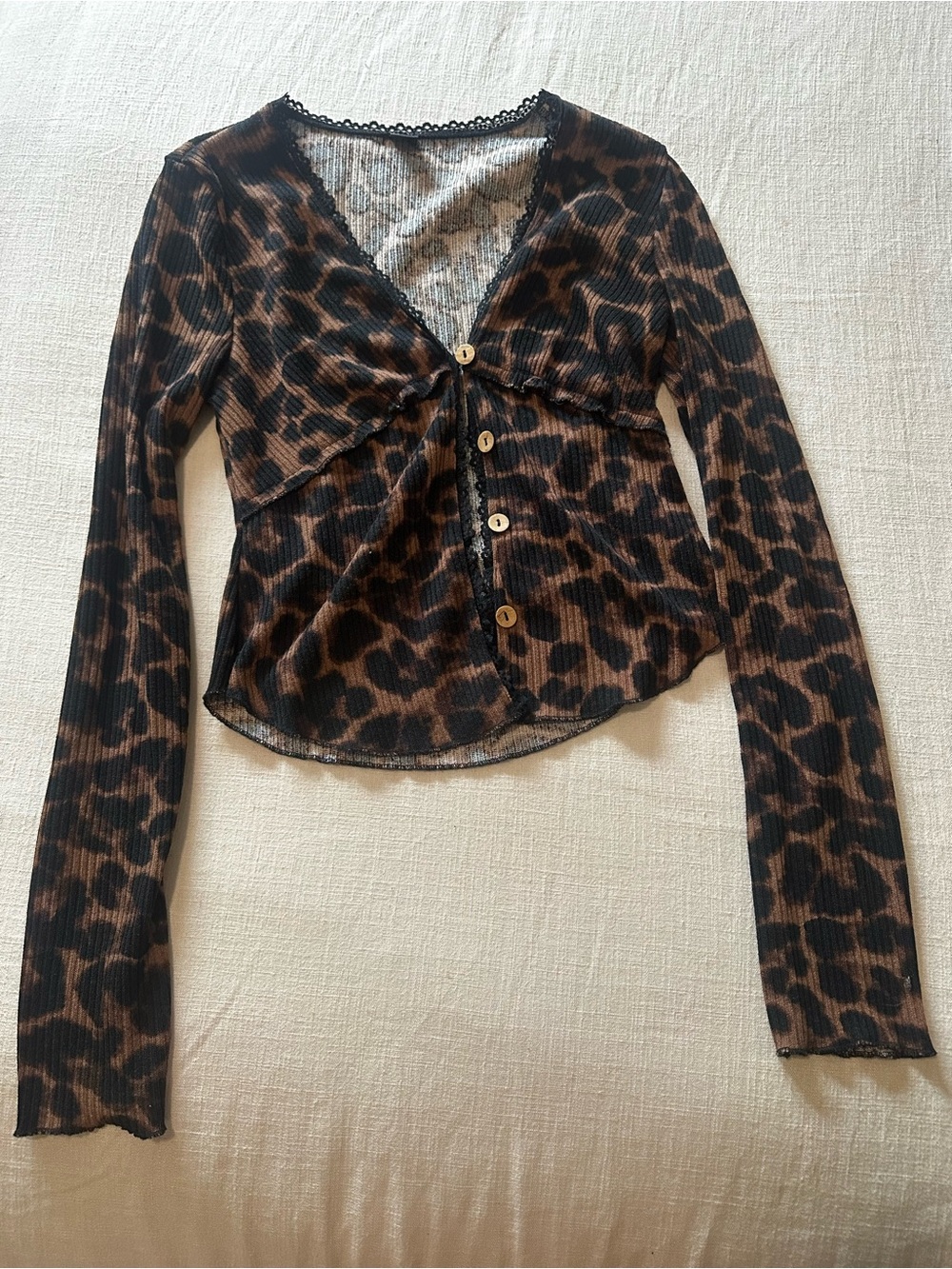 Leopard Print Long-Sleeve Button Front Top - Brown